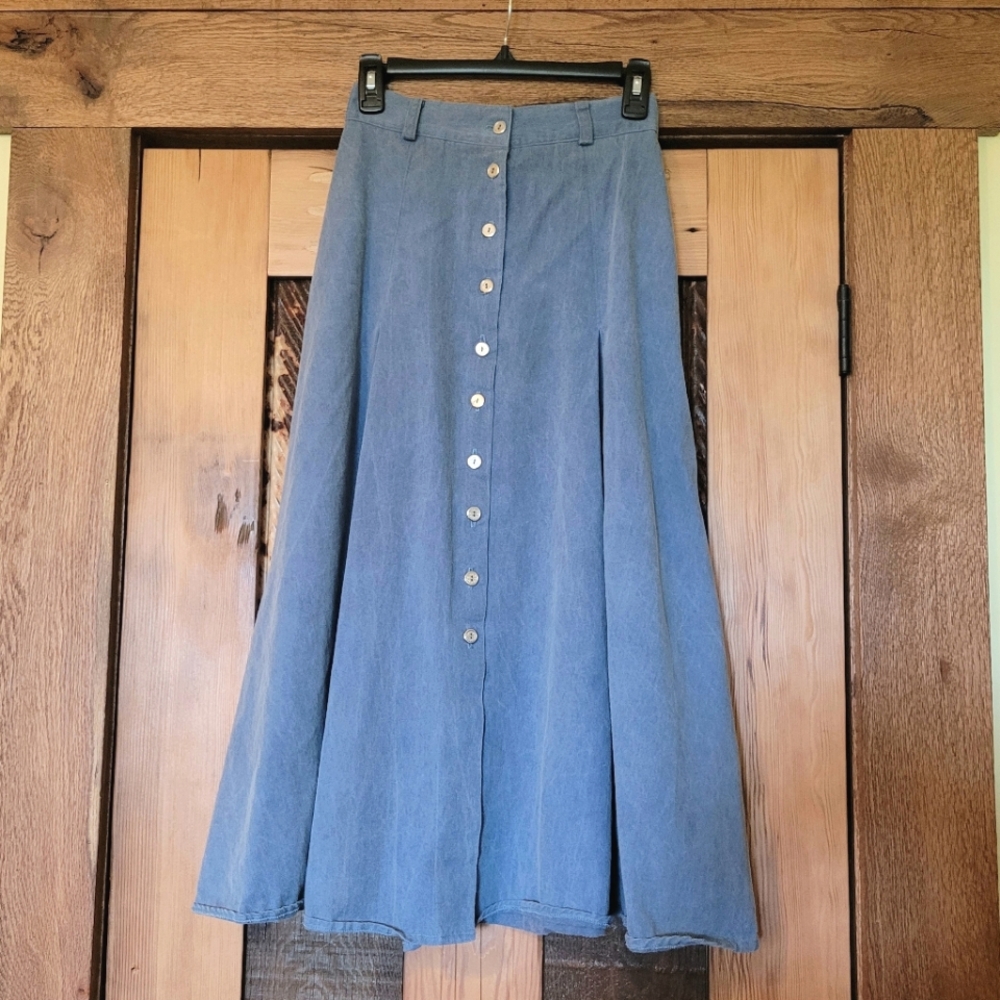 Vintage Western Attitude Lilia Smitty Pleated Button Up Long Midi Denim Skirt